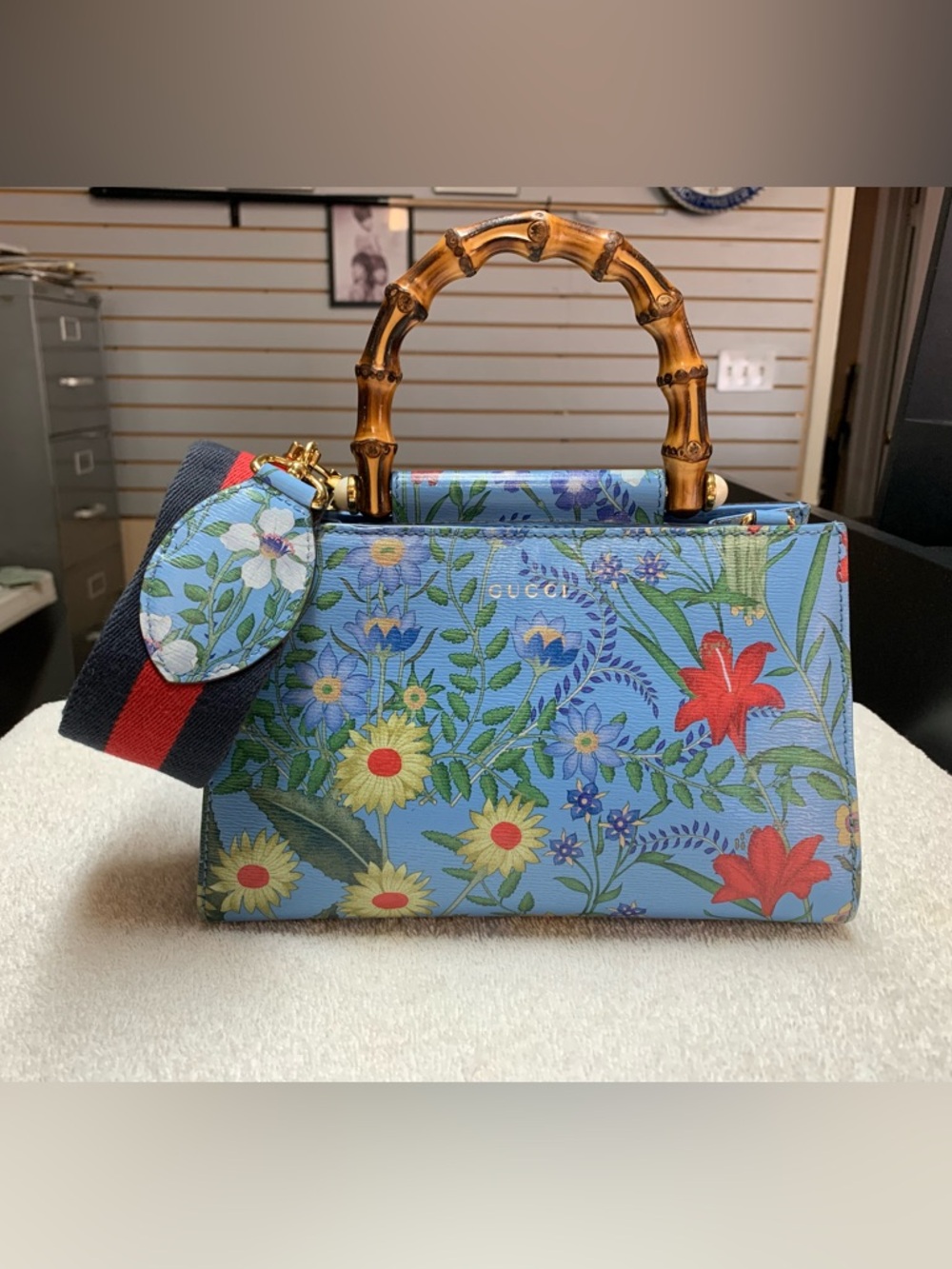 Gucci Nymphaea Blue Leather Mini Bamboo Top Handle Floral Bag